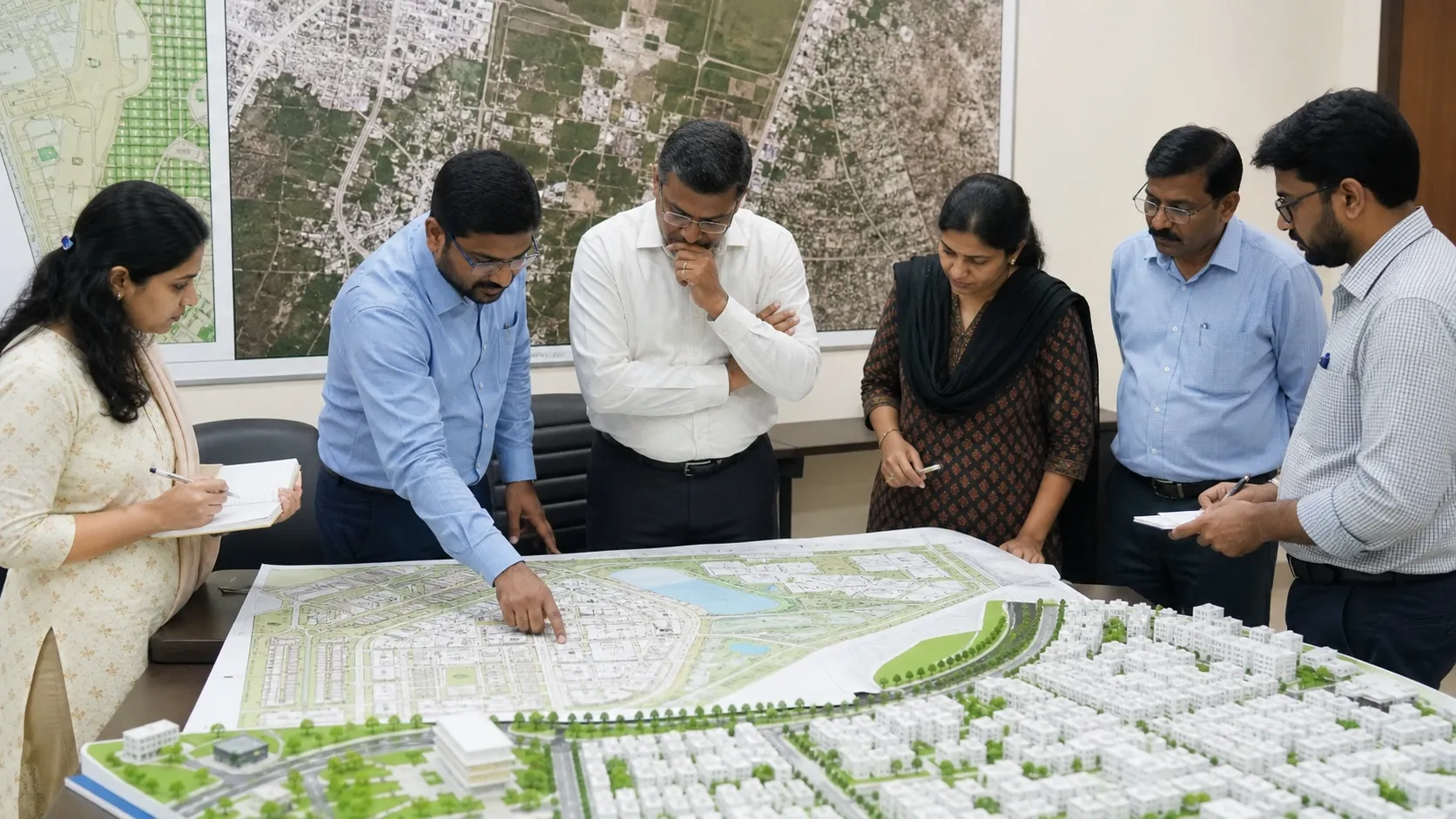 Urban planners examining a residential layout map in Varanasi