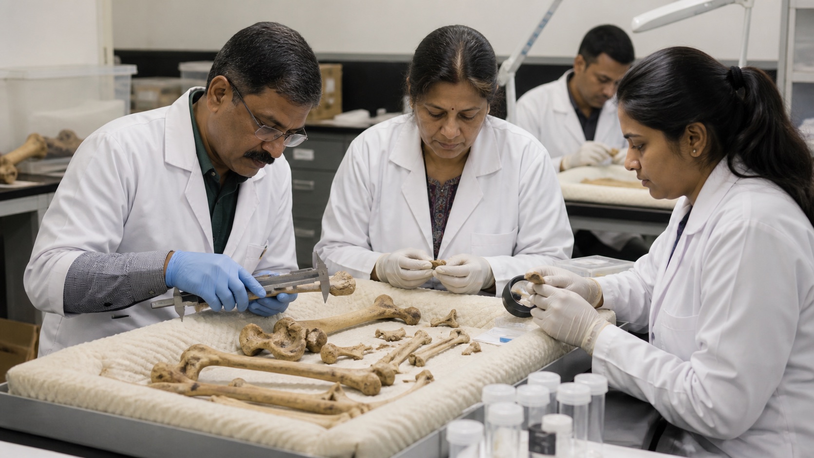 Archaeologists documenting ancient skeletal remains in a controlled laboratory