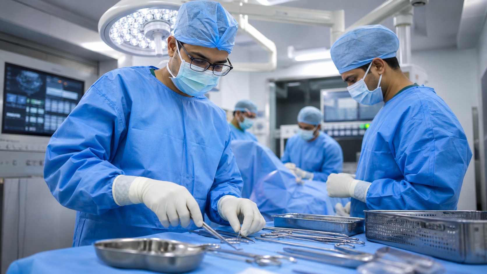 Surgical team preparing reconstruction equipment inside a modern hospital theatre