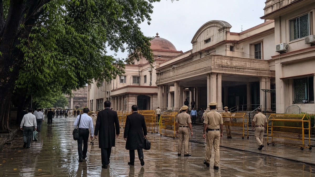 Police and lawyers outside a Varanasi court during a surrender proceeding