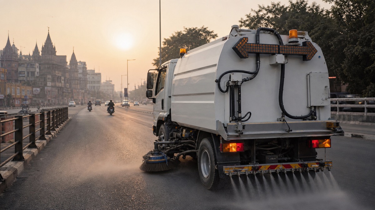 Mechanised road sweeper spraying water while cleaning a Varanasi road