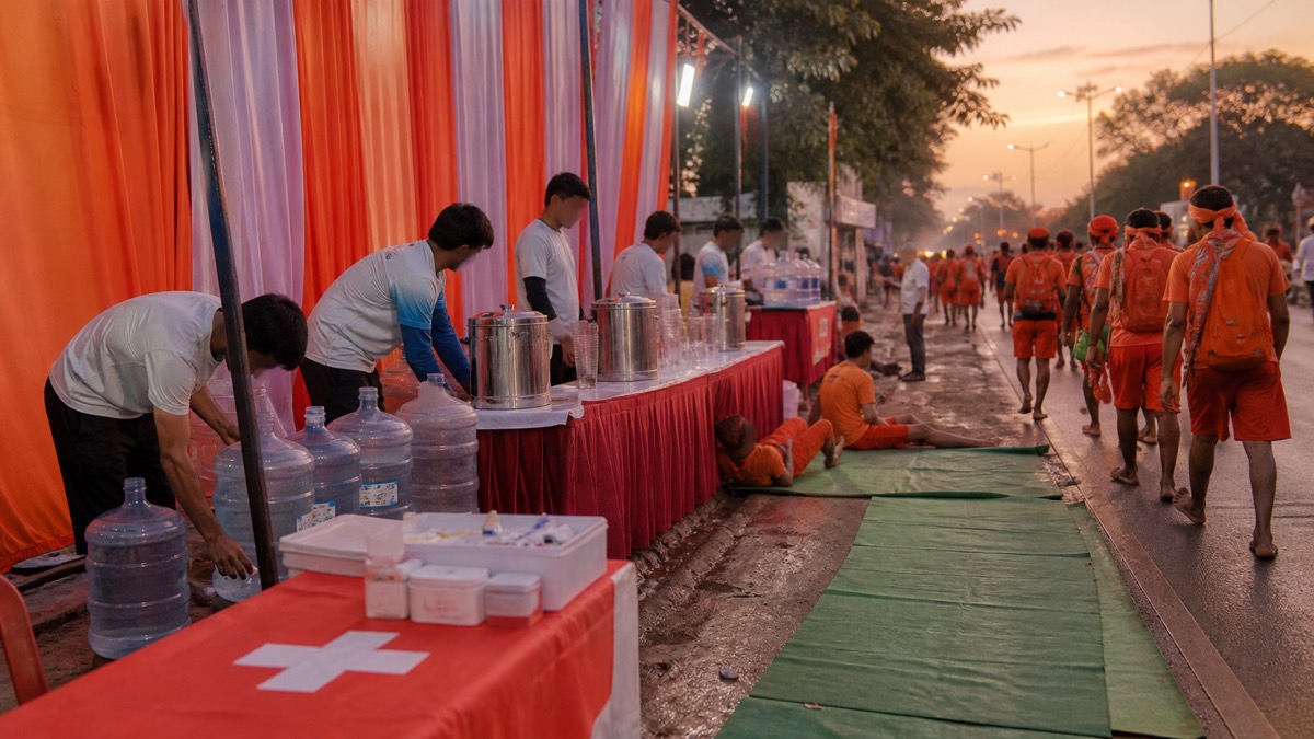 Volunteers arranging water and first-aid supplies at a Kanwar service camp
