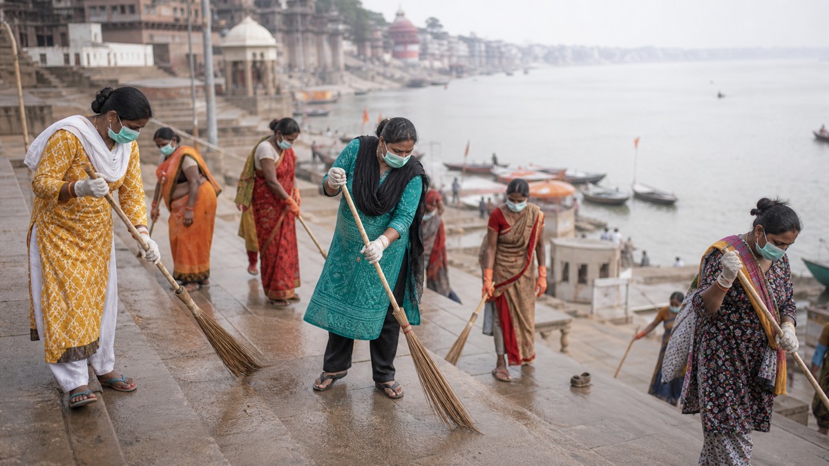 Women Hold Cleanliness Drive at Assi Ghat With Nari Shakti Message