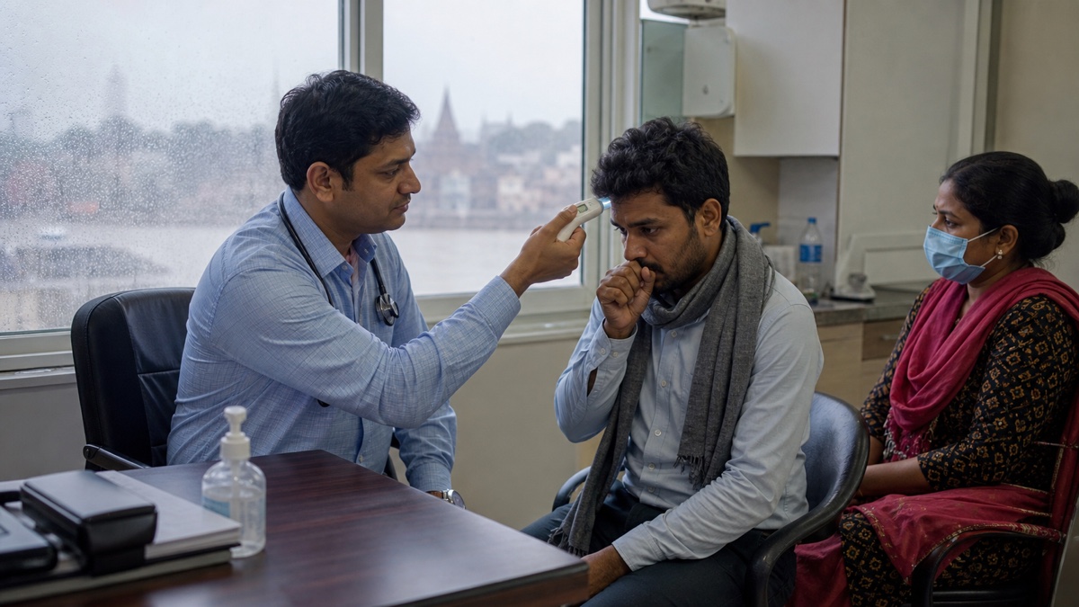 Doctor examining a patient with fever at a Varanasi clinic during the monsoon