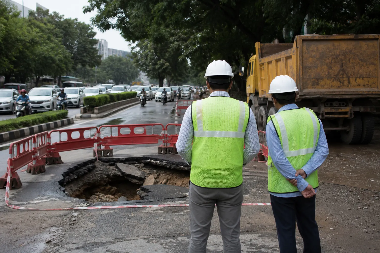 Barricaded cave-in on Sohna Road in Gurugram as engineers inspect the damaged carriageway