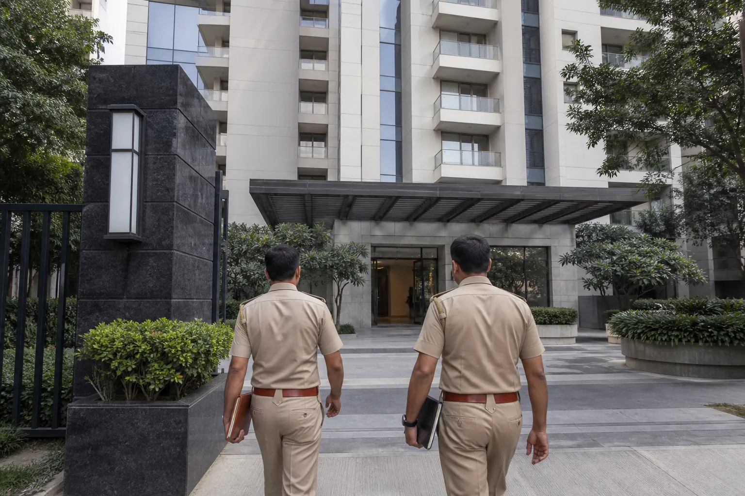 Police officers outside a residential tower on Golf Course Road during an investigation