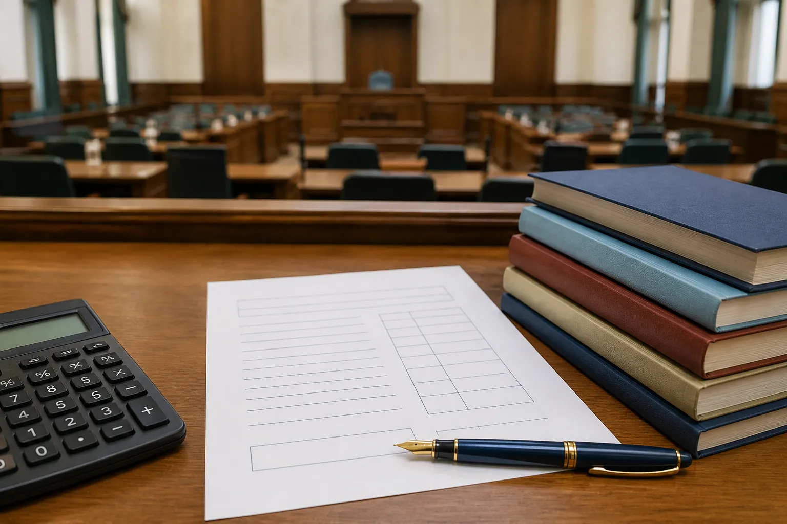 Representational editorial image of a school fee receipt, calculator and classroom stationery on a parent's desk