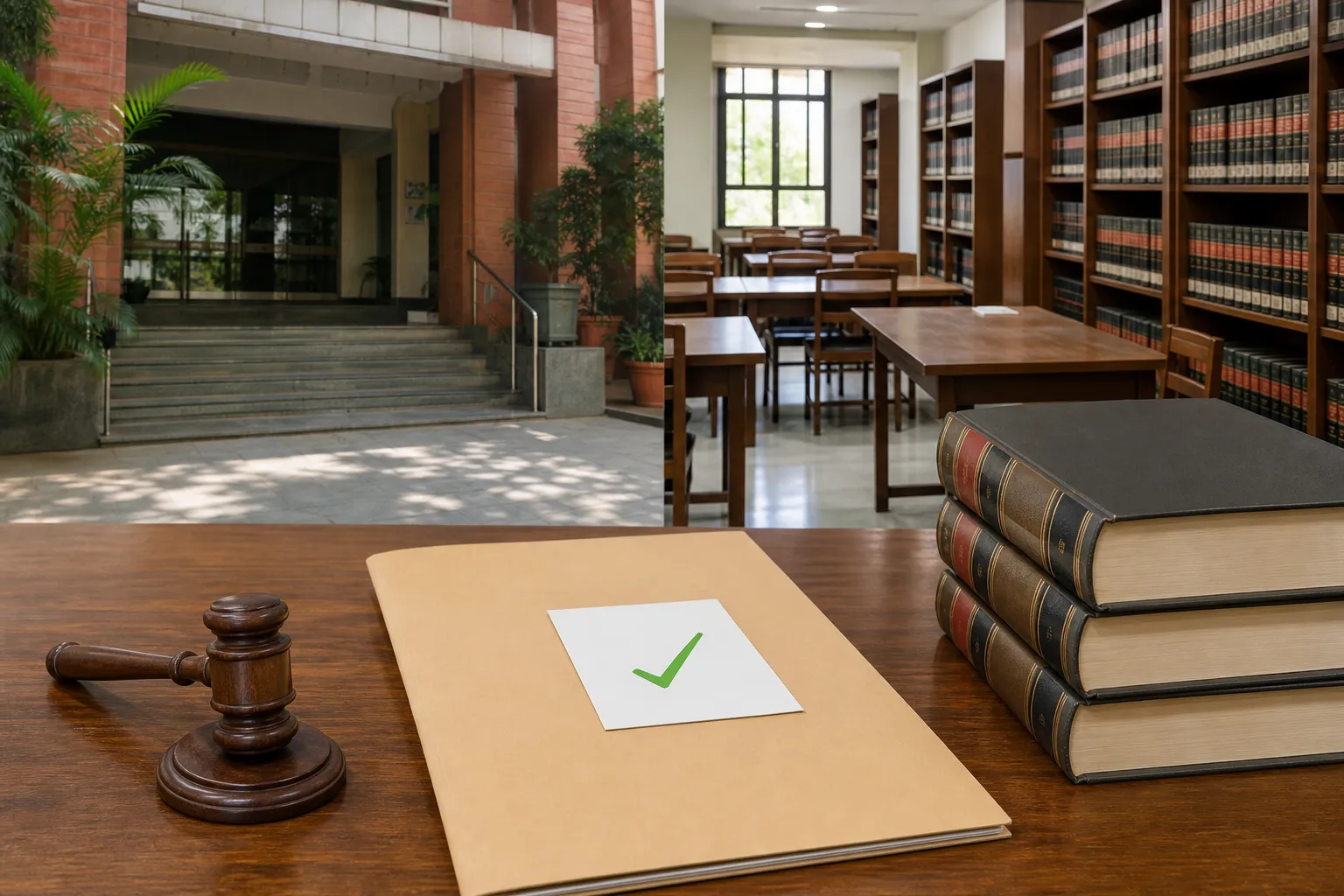 Representational editorial image of an empty law lecture hall with application folders and a wooden gavel on a desk