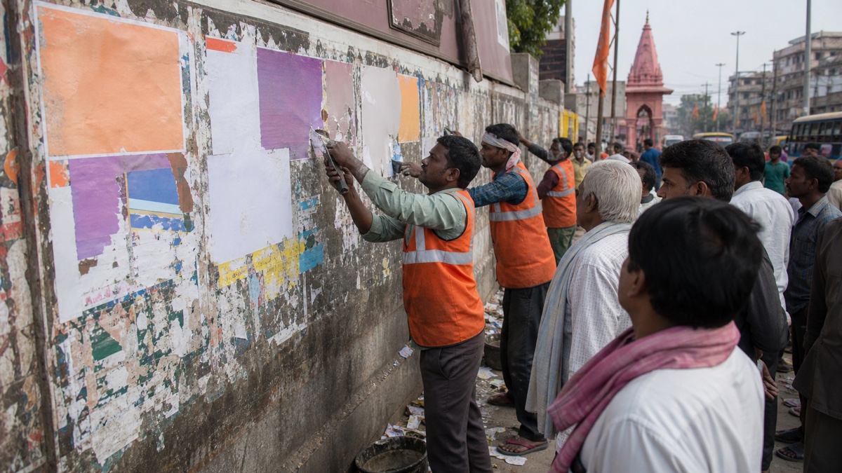 Municipal workers removing unauthorised posters from a public wall in Varanasi
