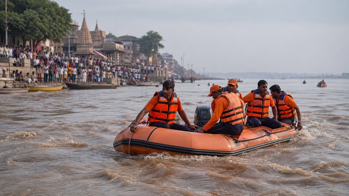 NDRF rescue team searching the swollen Ganga near Varanasi