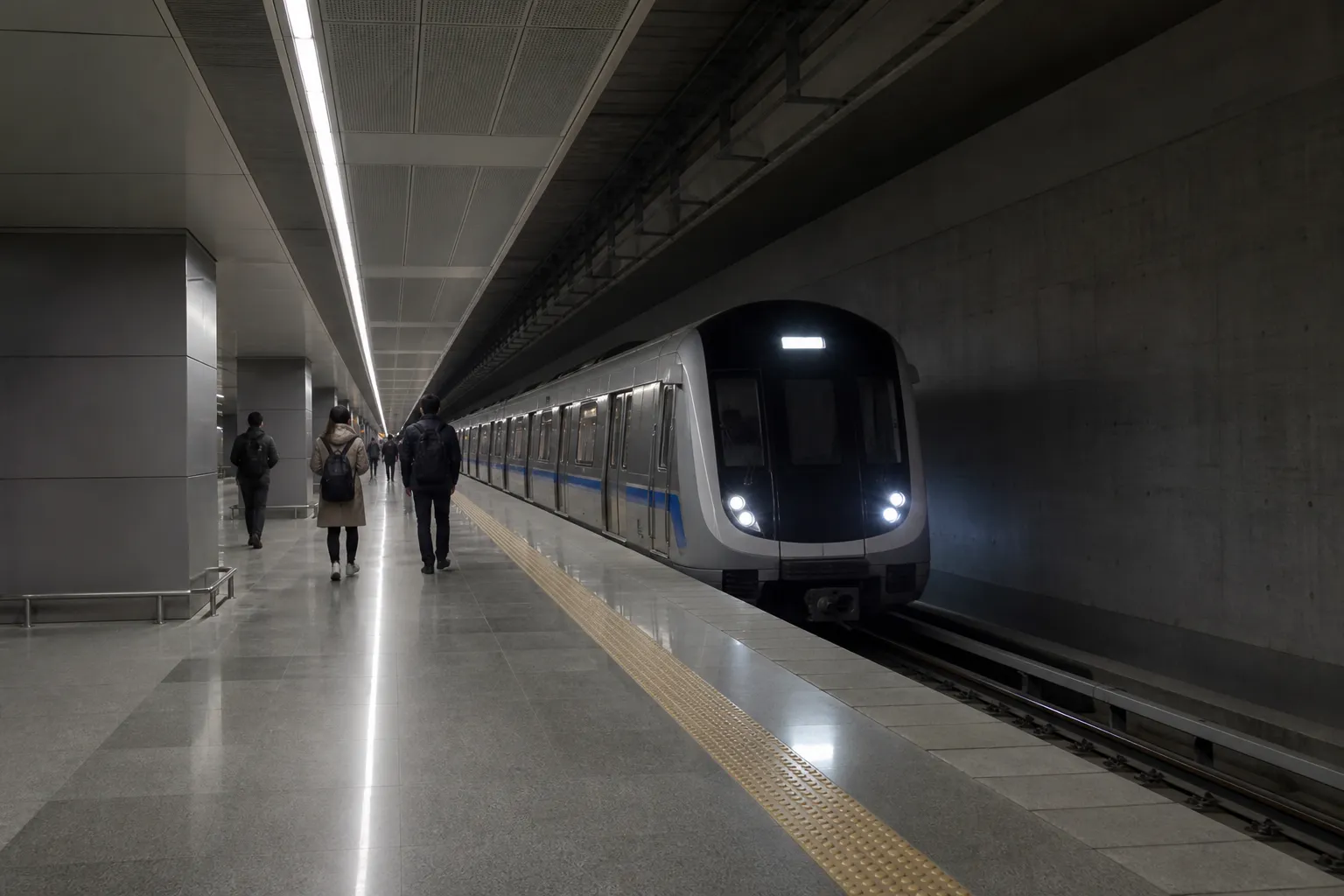 Modern underground metro train approaching a station platform in Delhi NCR