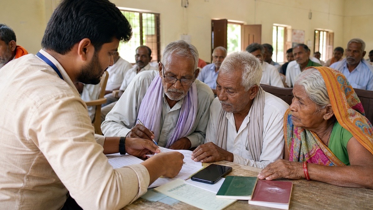Postal worker helping elderly residents complete pension account forms in Hasanpur