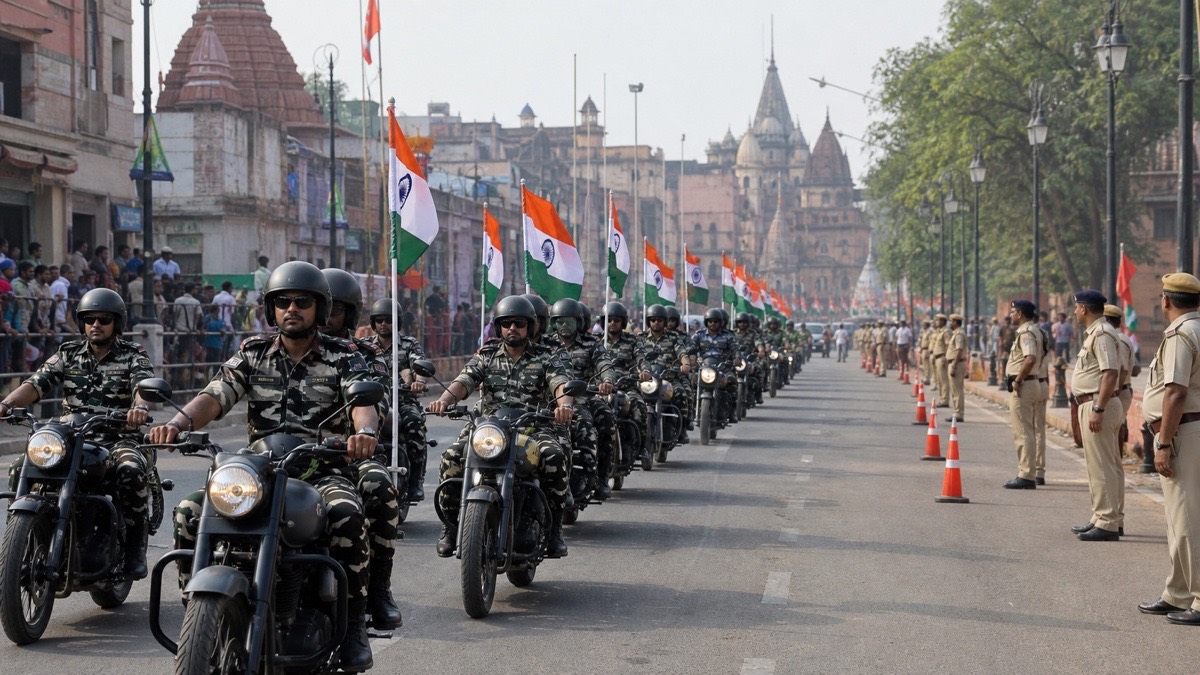CRPF personnel riding motorcycles with Indian flags in an organised Varanasi rally