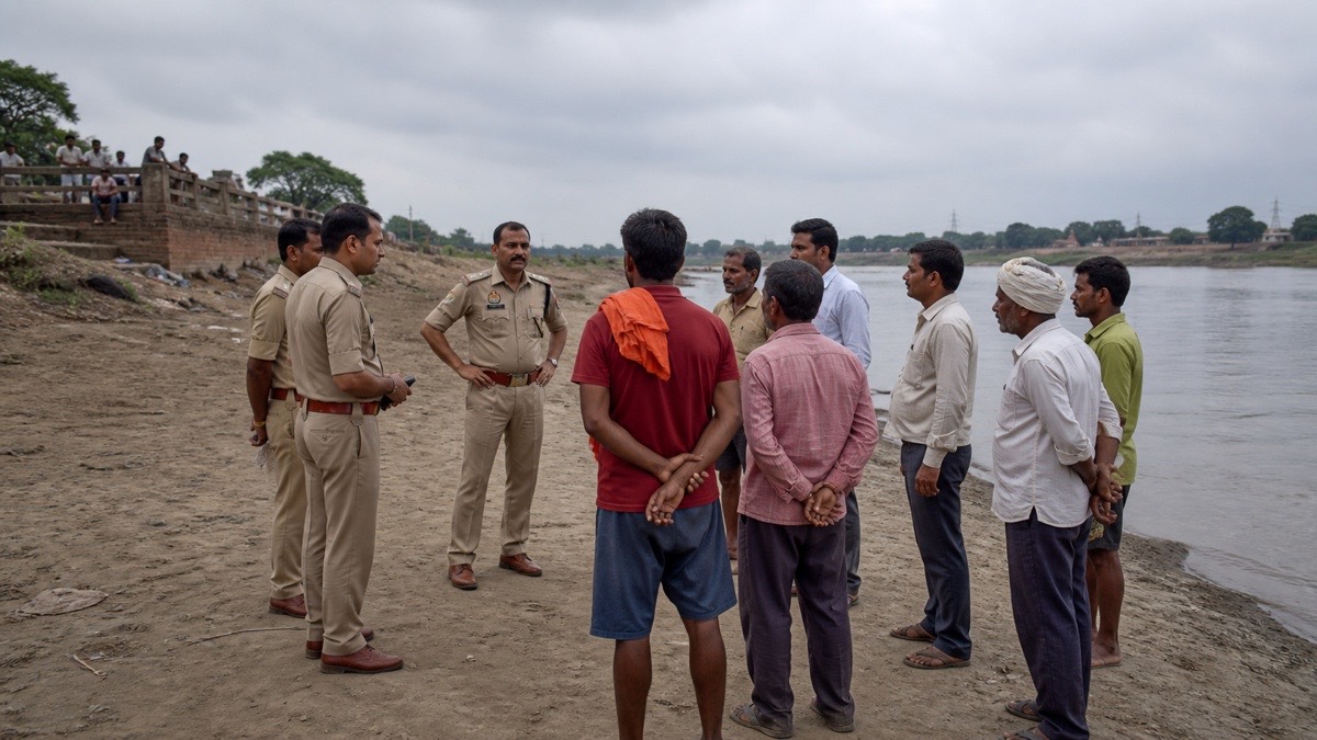 Police and residents near a riverbank in Chaubepur during a drowning inquiry