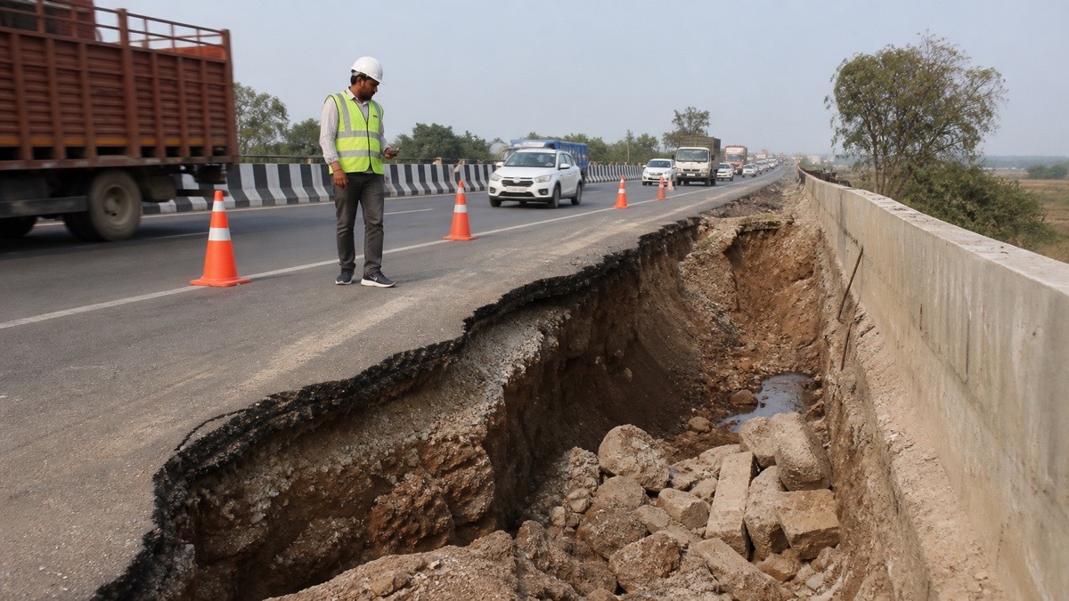 Collapsed Road Shoulder Near Wajidpur Overbridge Raises Accident Risk