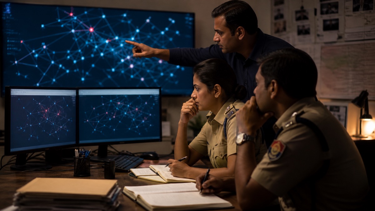 Cybercrime investigators reviewing an abstract bank transaction network in Varanasi