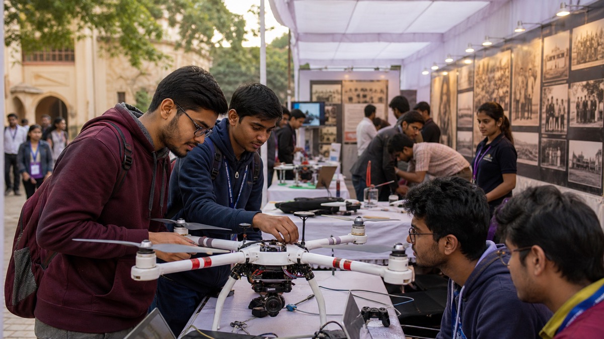 IIT-BHU students preparing drones and startup exhibits for an anniversary event