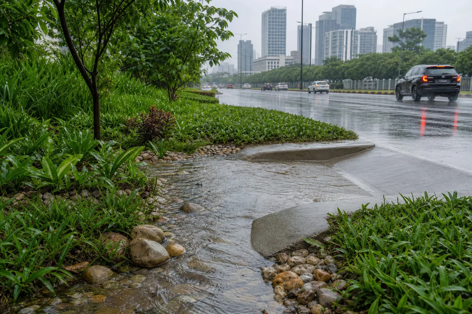 Lowered roadside greenbelt collecting rainwater beside a Gurugram arterial road