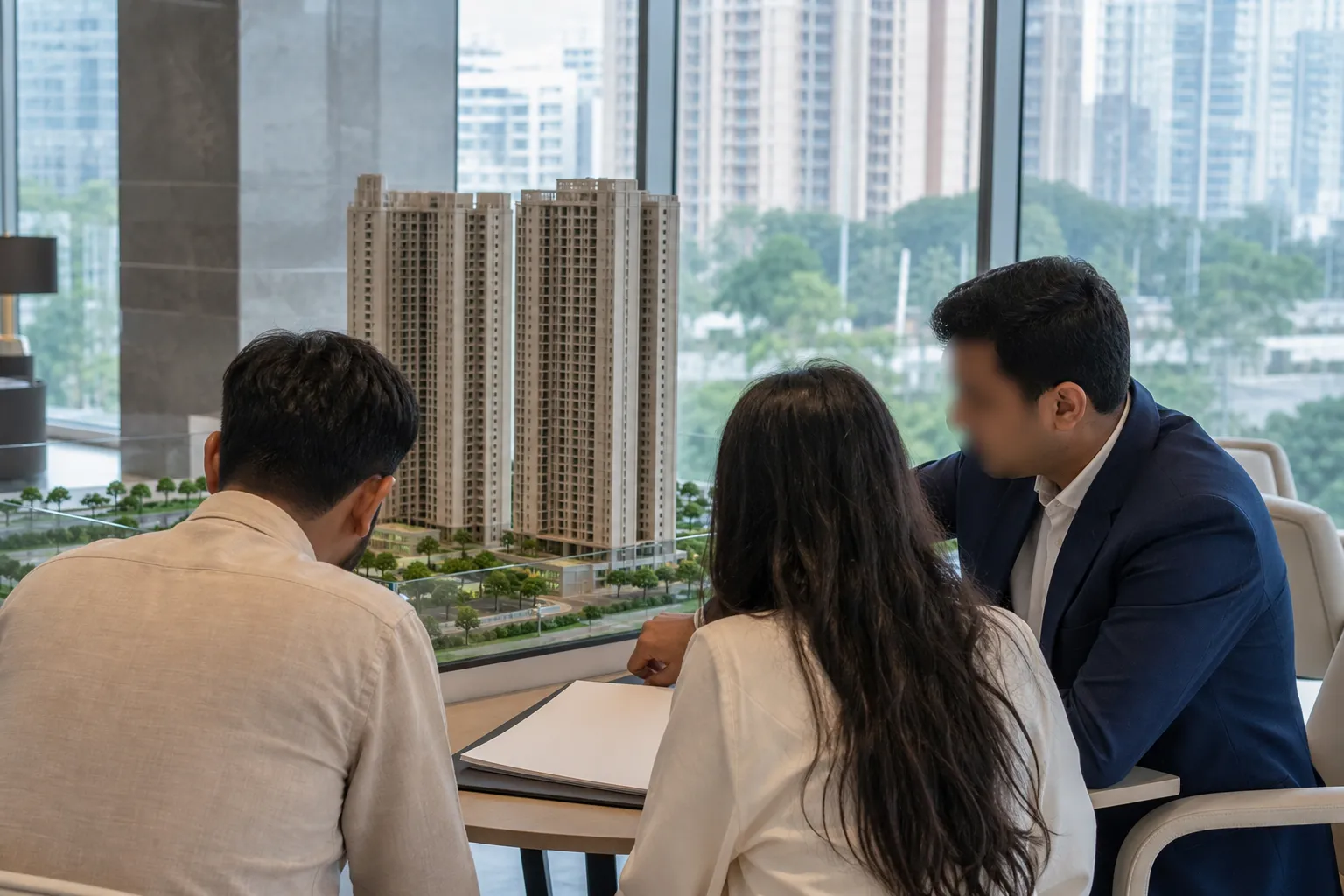 Homebuyers reviewing apartment project information at a Gurugram sales office