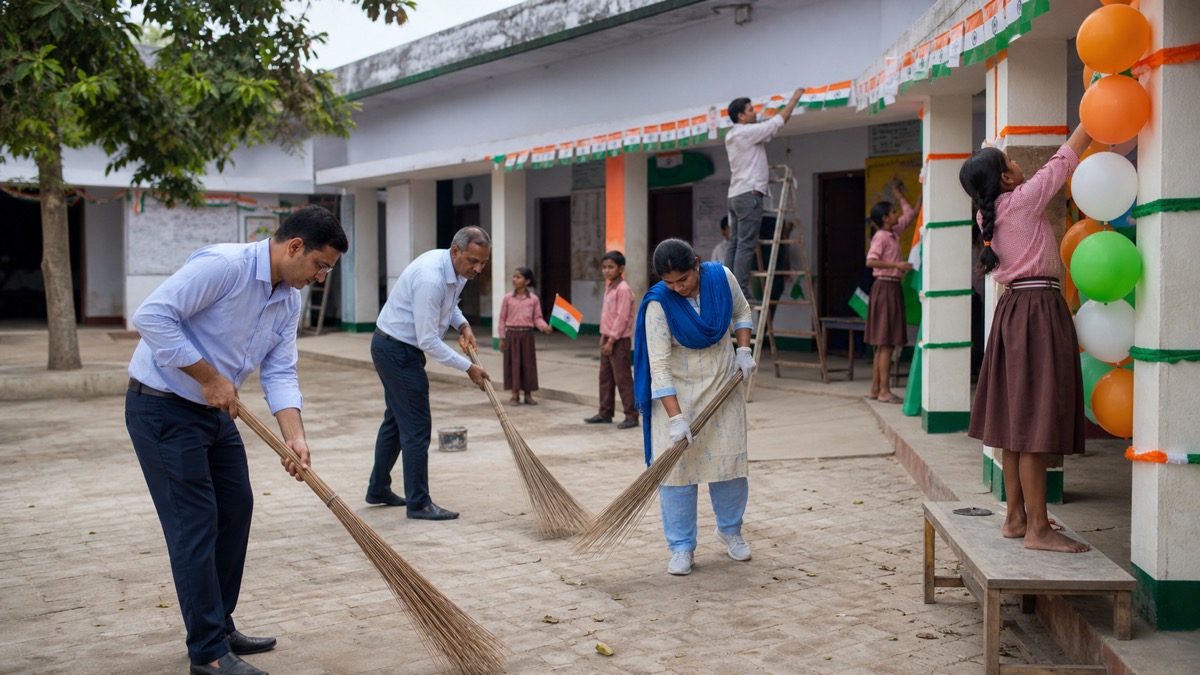 Chiraigaon Education Officer Joins School Clean-Up Ahead of Independence Day