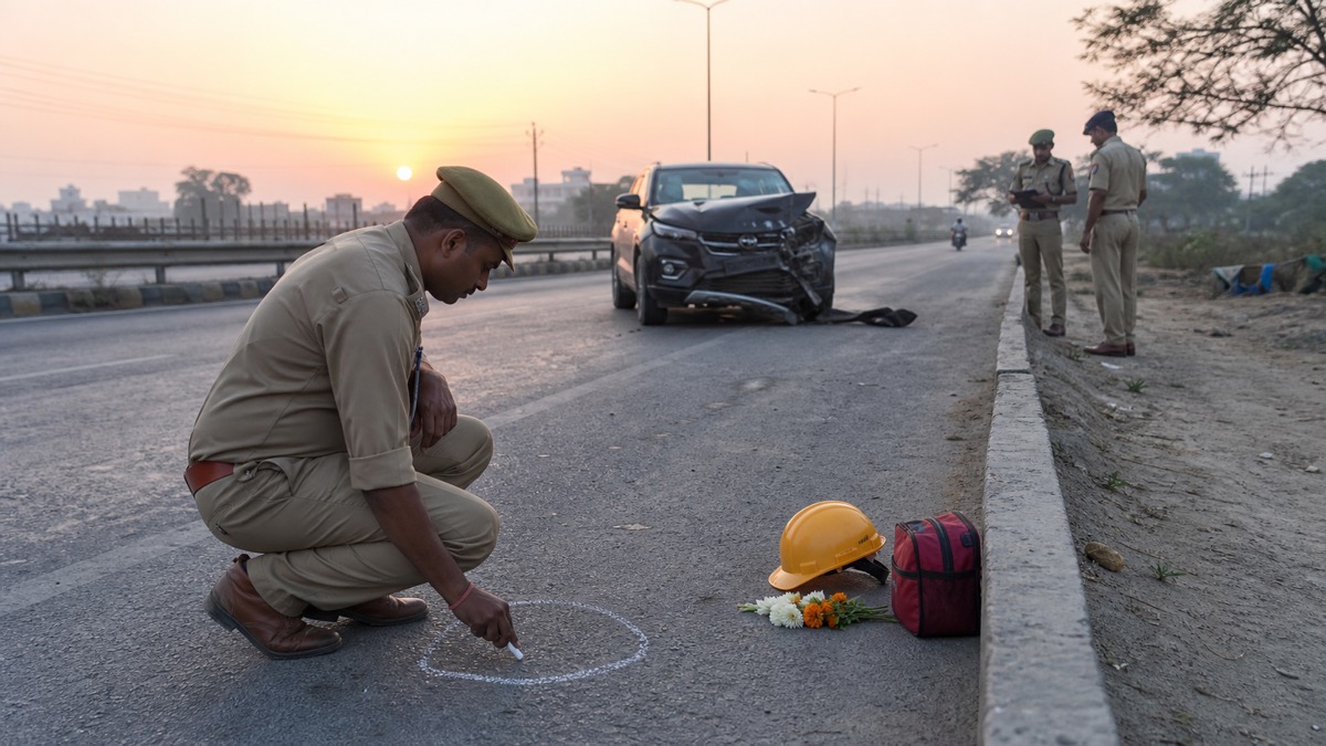 Police document a non-graphic road collision scene on the outskirts of Varanasi