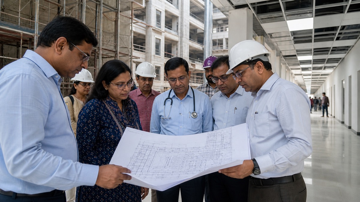 Health officials review revised plans inside an unfinished Varanasi hospital wing