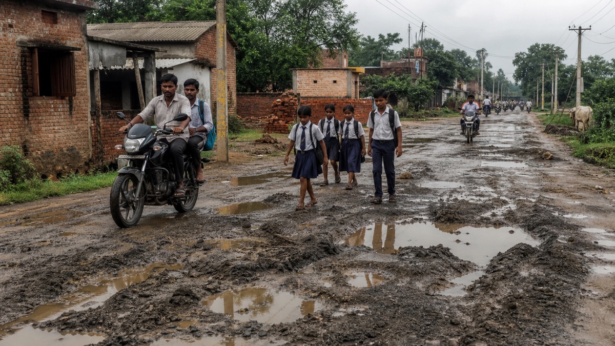 Potholes and Monsoon Mud Leave Bhikharipur’s Rural Link Road Difficult to Navigate