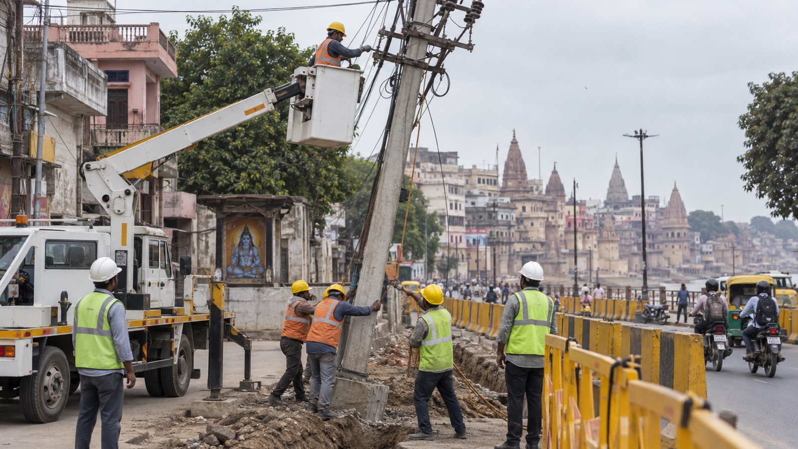 Electricity workers shifting a roadside pole in Varanasi