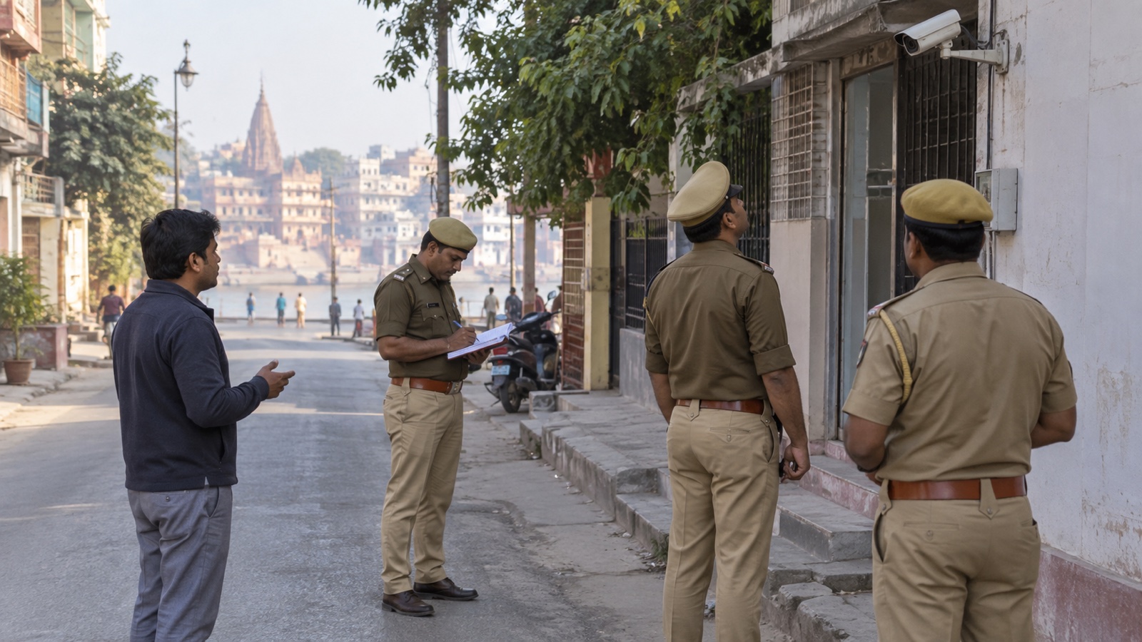 Police officers inspecting a road near Nagwa after a reported chain-snatching attempt