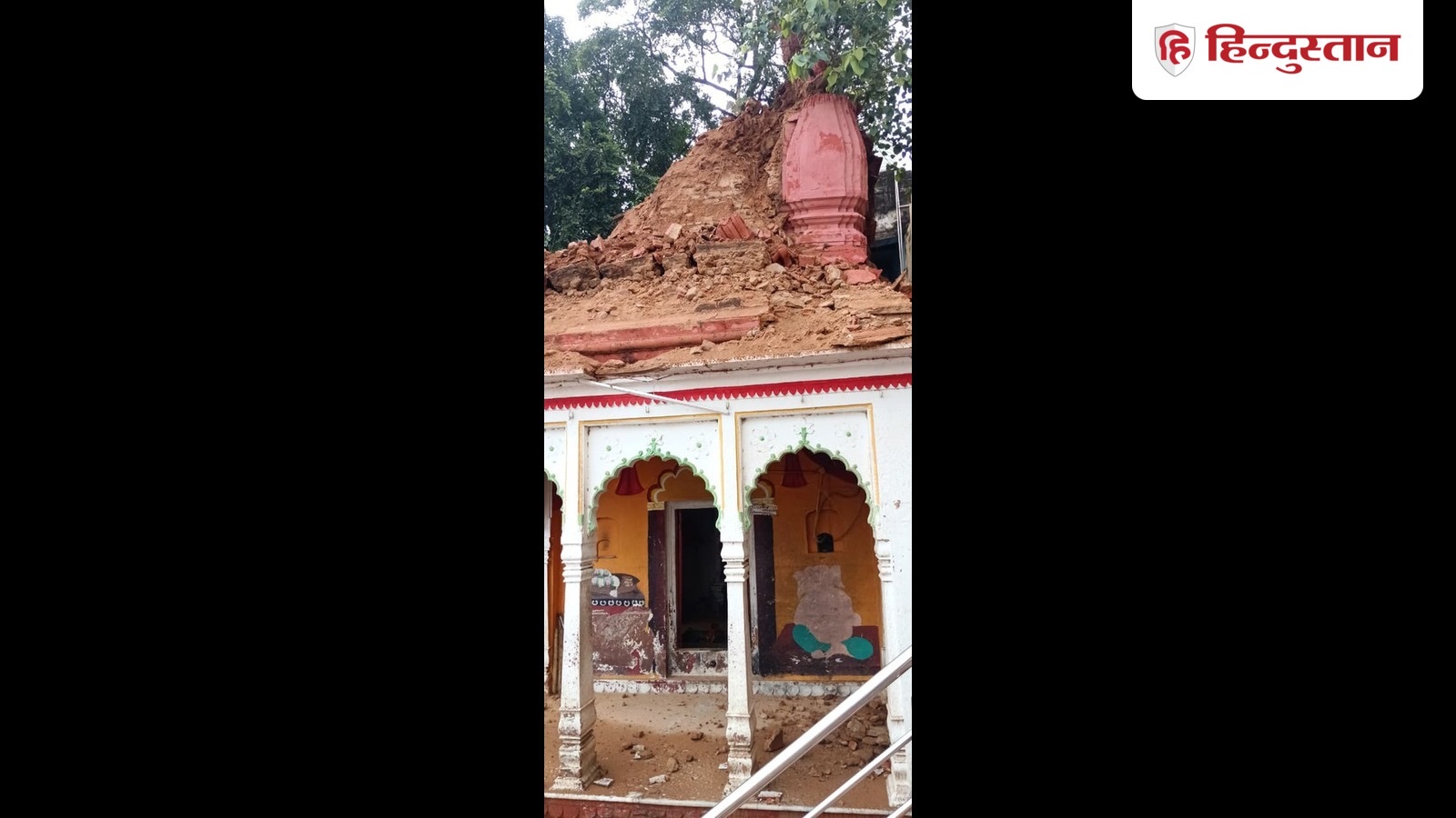 Damaged temple spire at Adikeshav Ghat after heavy rain