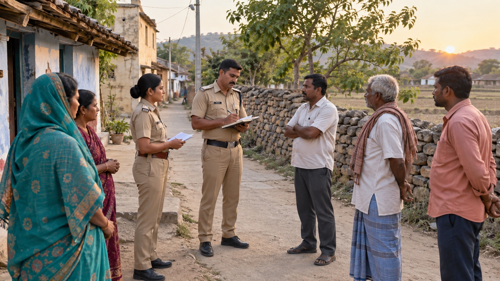 Police speaking with residents on a village lane in Badagaon