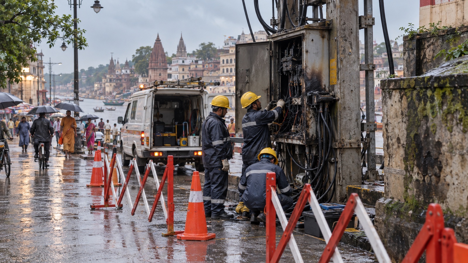 Electricity crew repairing a cable fault on a rainy Varanasi street