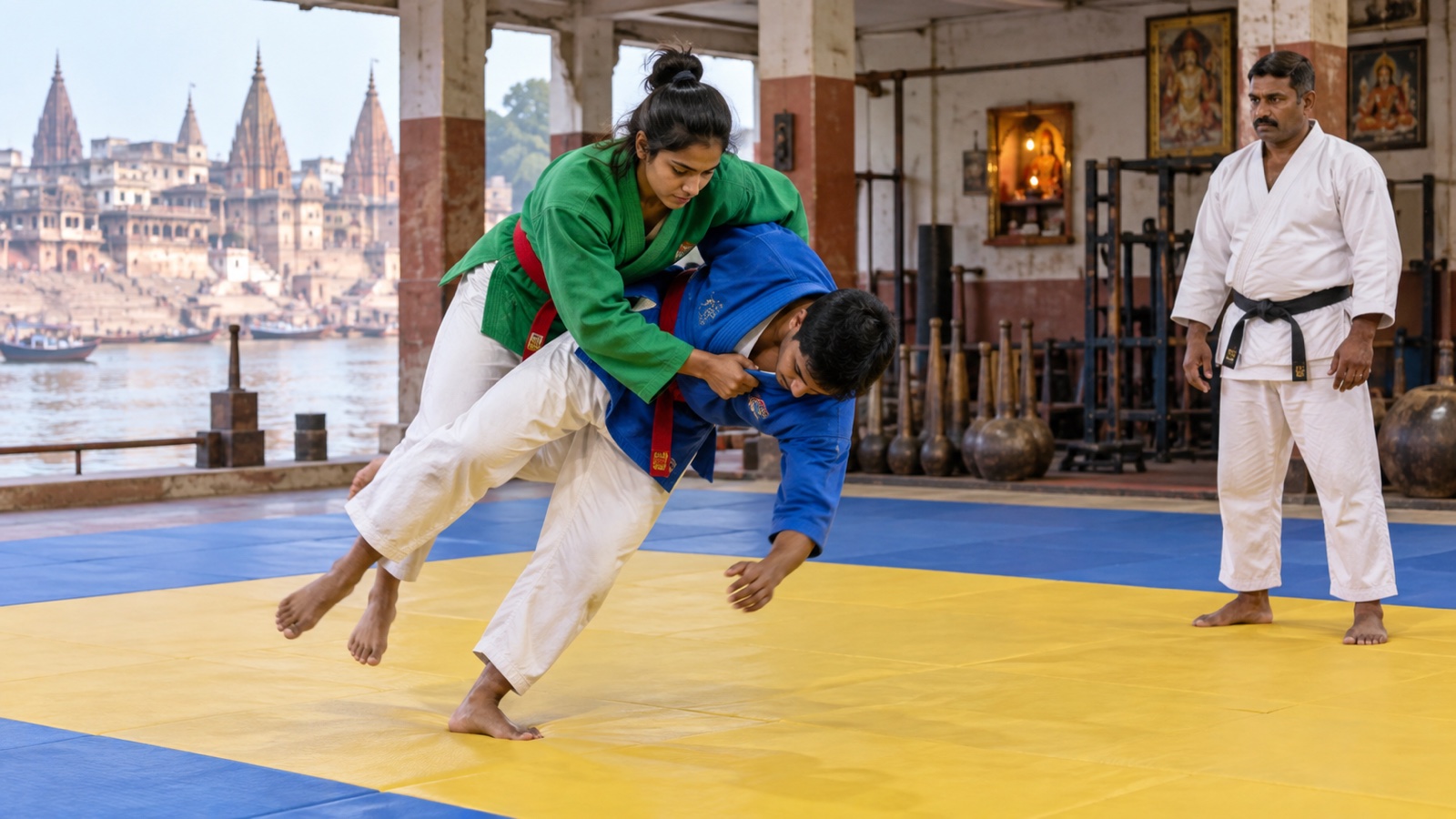 Two Kurash athletes training on a mat in Varanasi