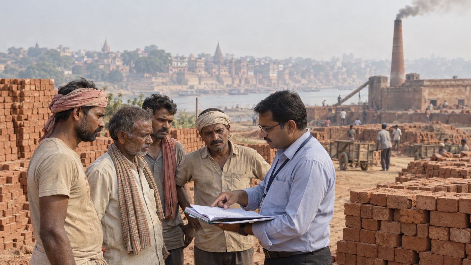 Brick kiln and stacked bricks on the rural edge of Varanasi