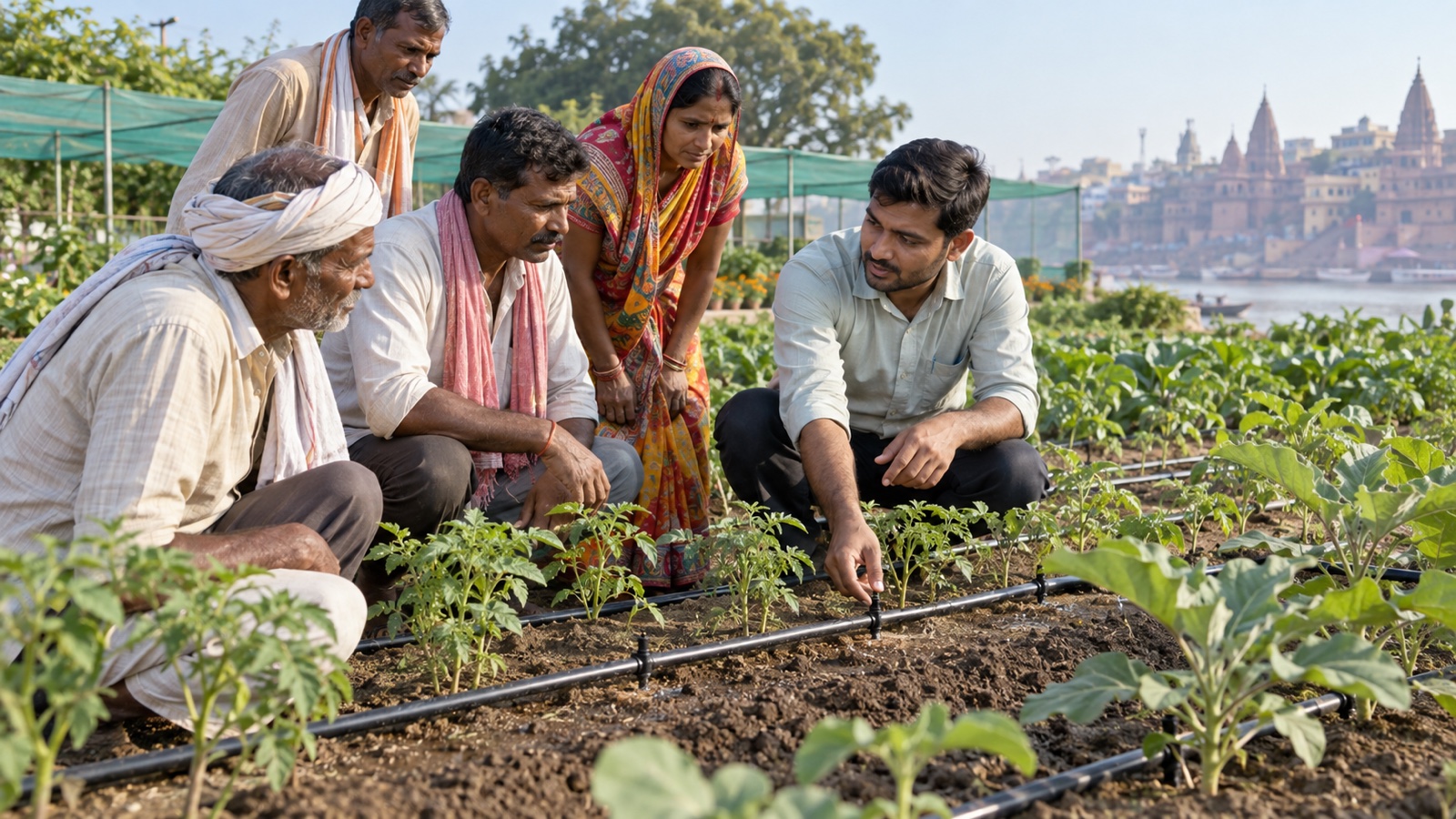 Farmers inspecting a drip irrigation line at Kallipur KVK