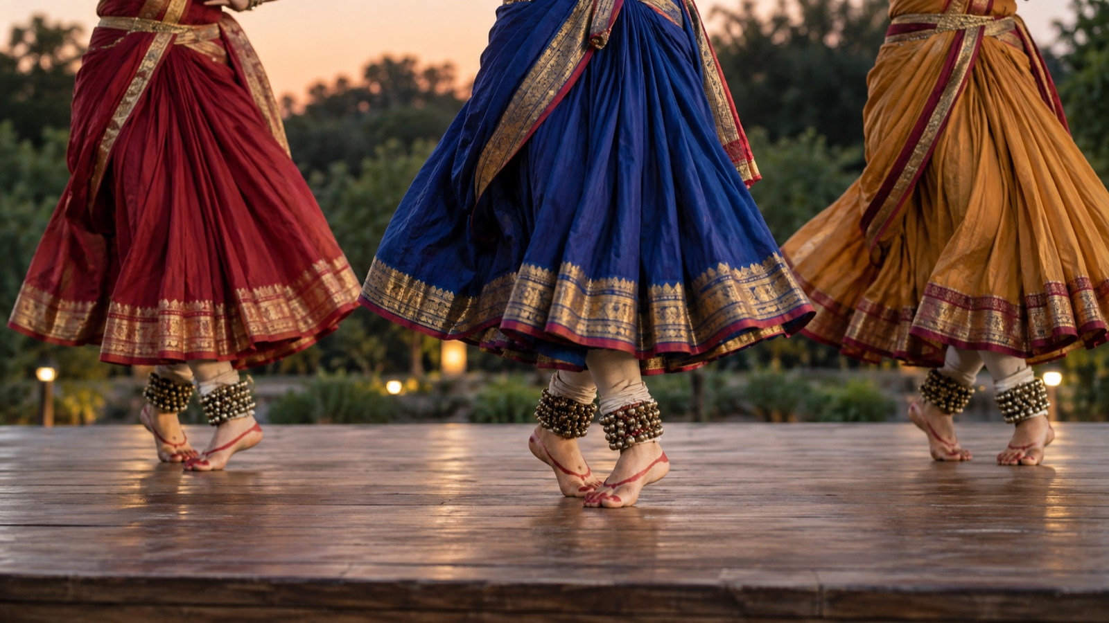 Representative illustration of Kathak dancers’ footwork and ankle bells on an outdoor stage
