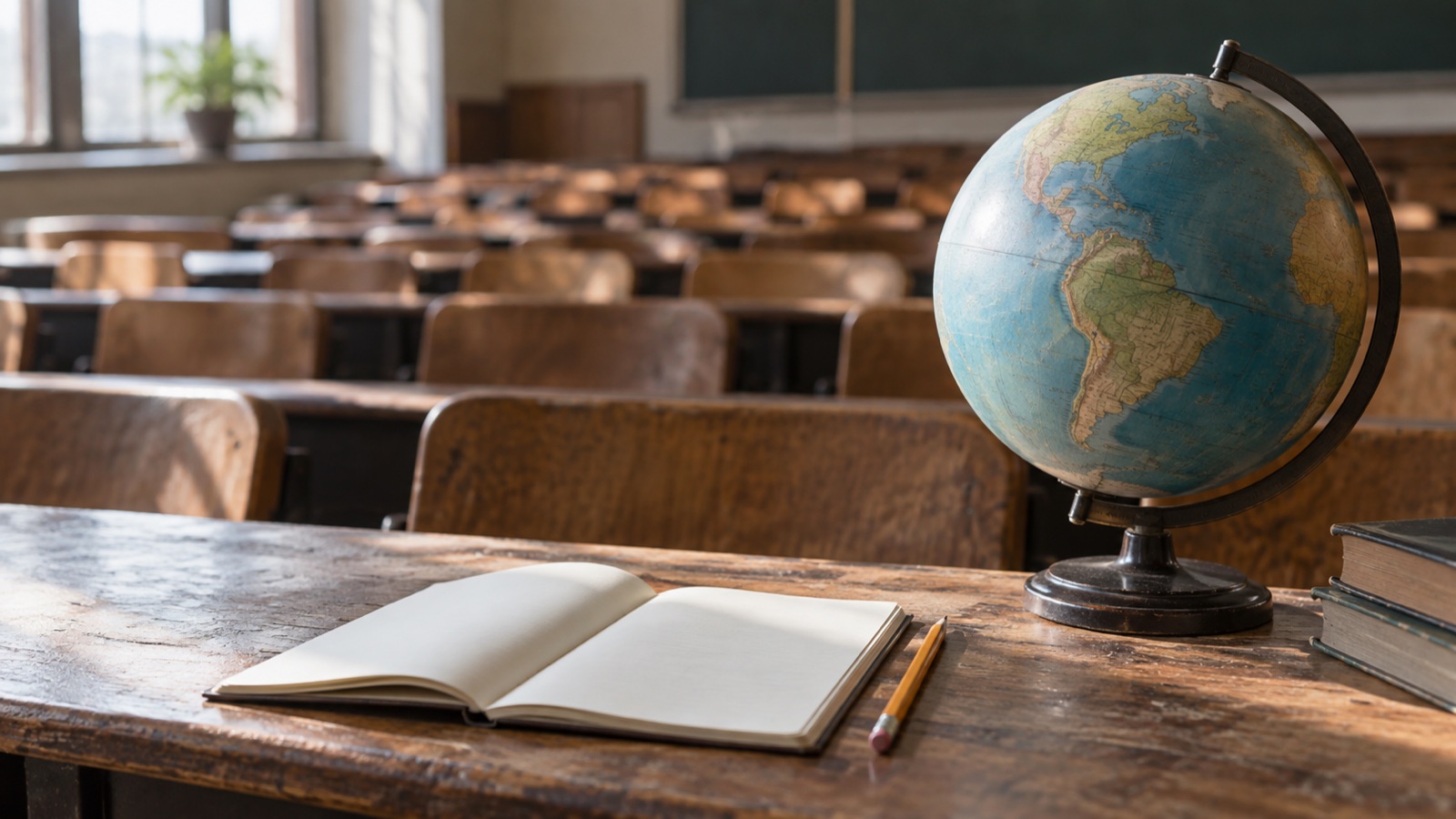 Representative image of a notebook and globe in an empty college classroom
