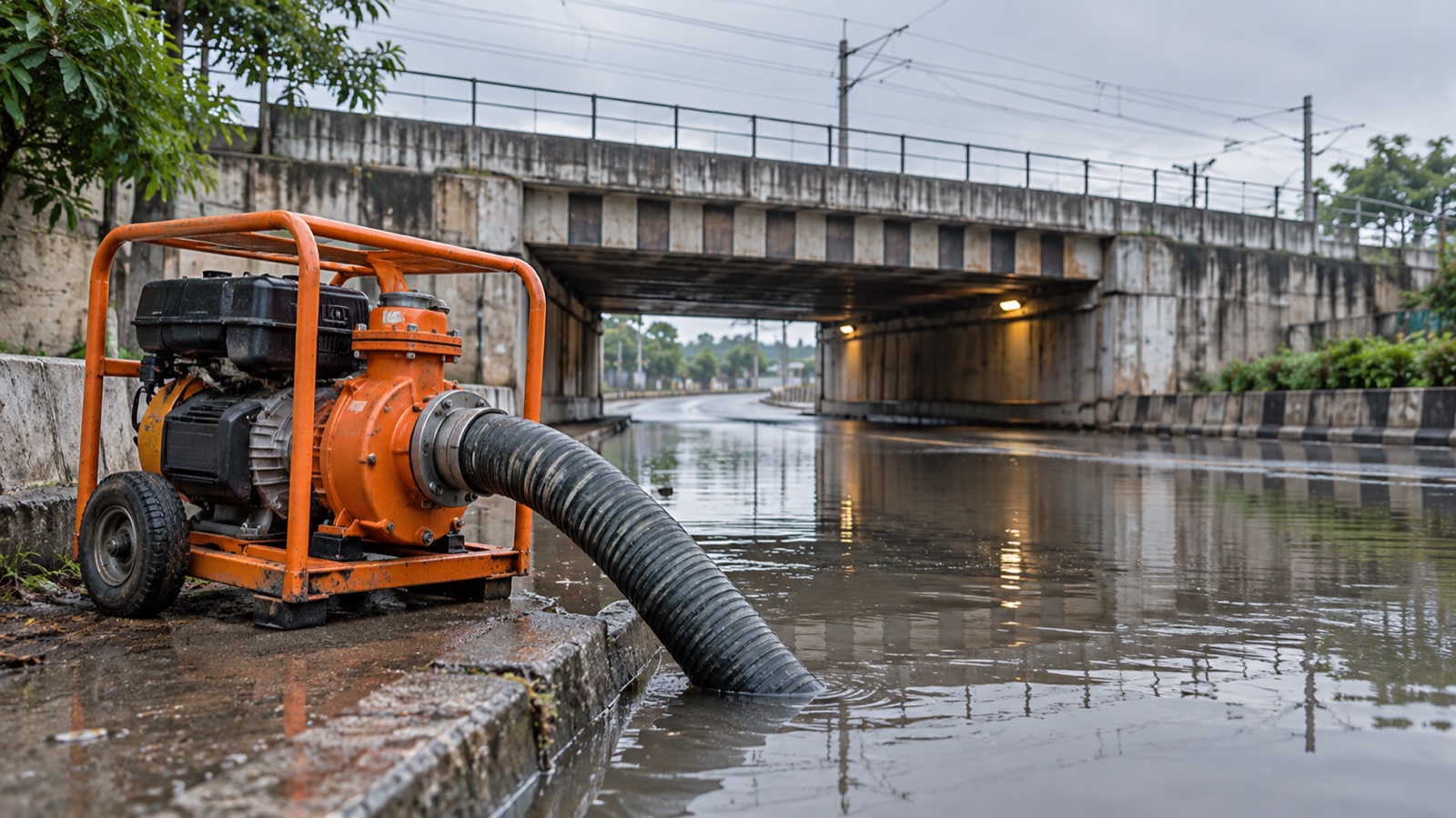 Illustrative drainage pump beside rainwater at a generic urban underpass