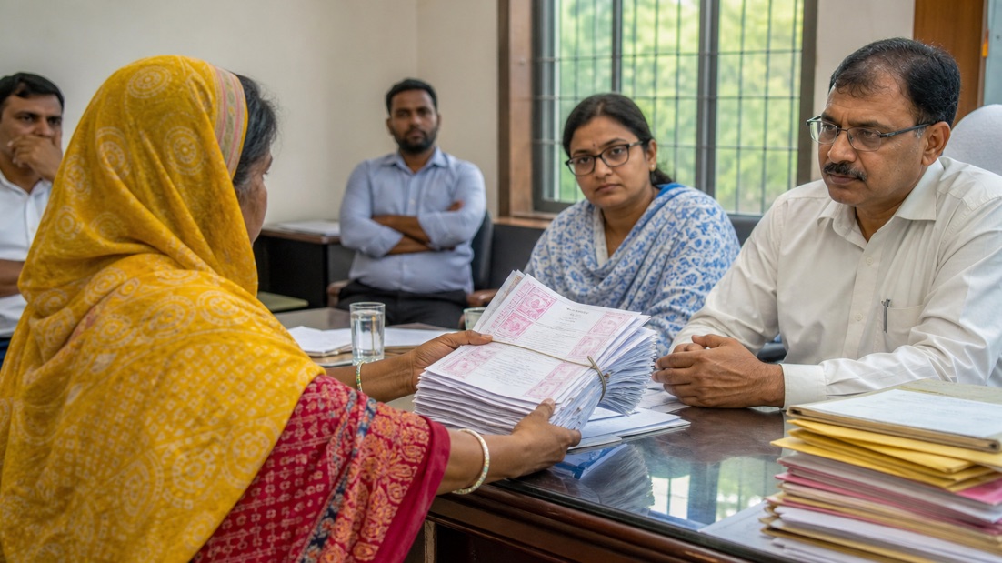A thick bundle of grievance receipts placed before officials at Rajatalab Tehsil