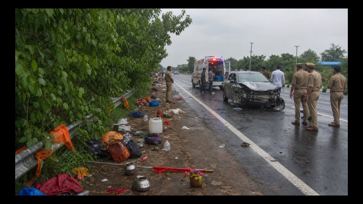 Emergency responders beside a damaged car on a wet highway after pilgrims were taken to hospital