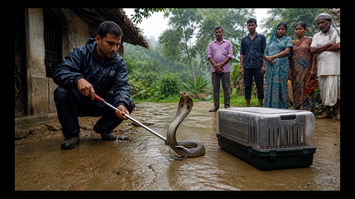 A trained wildlife rescuer using a snake hook and secure transport box in a village