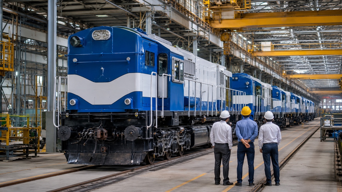 Blue and white diesel locomotives lined up inside a Varanasi railway workshop
