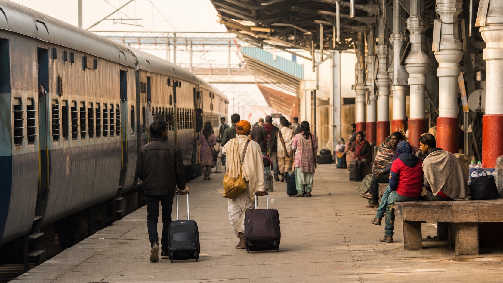 Long-distance Indian Railways train waiting at a Varanasi platform in early morning light