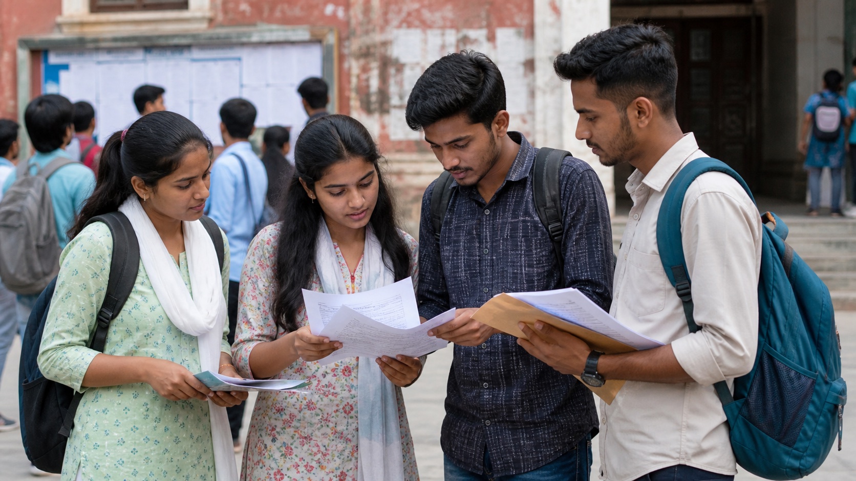 Students reviewing admission forms outside a college study centre in Varanasi