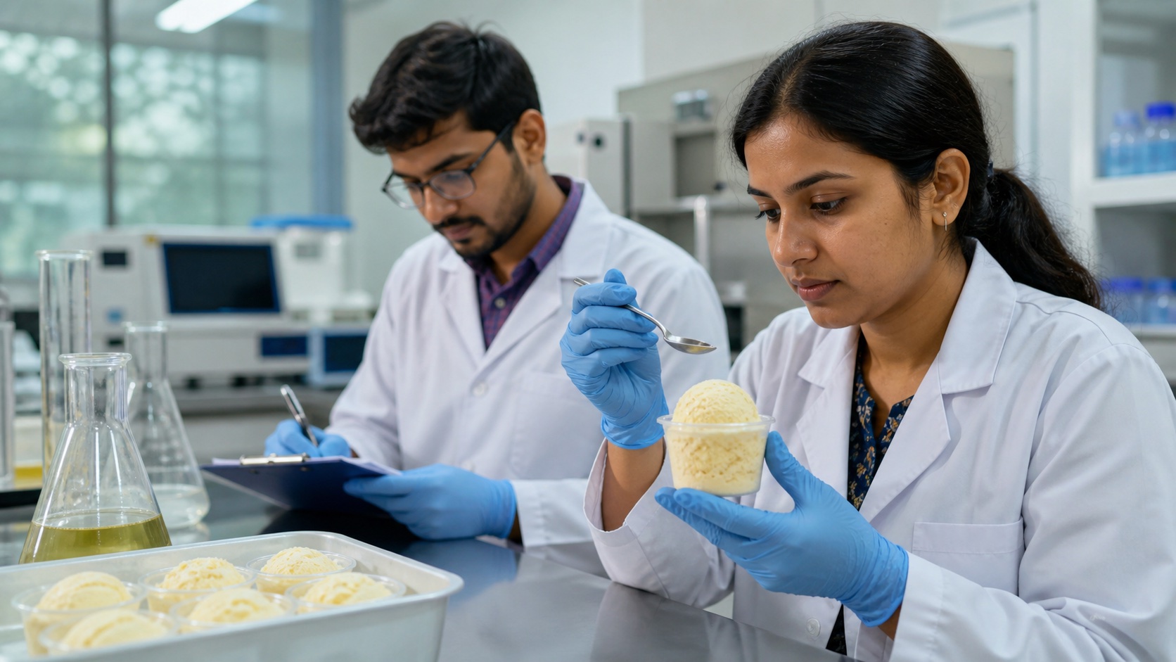 Food scientists testing a pale golden ice cream sample in a university laboratory