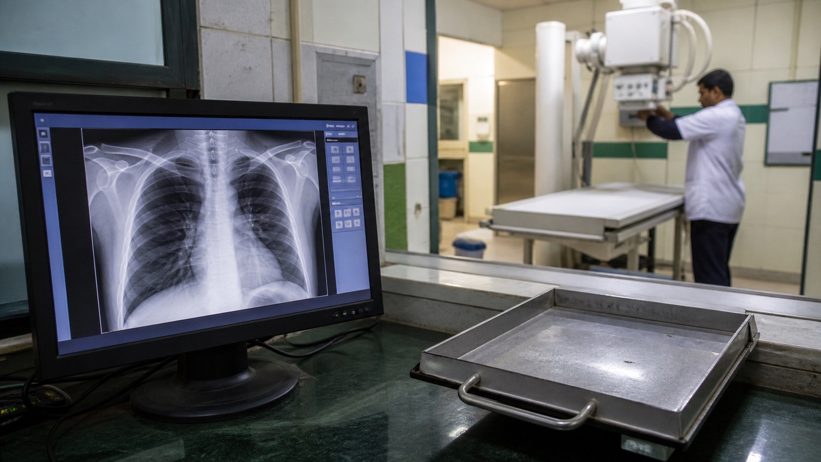 Digital X-ray monitor and empty film tray inside a public hospital imaging room