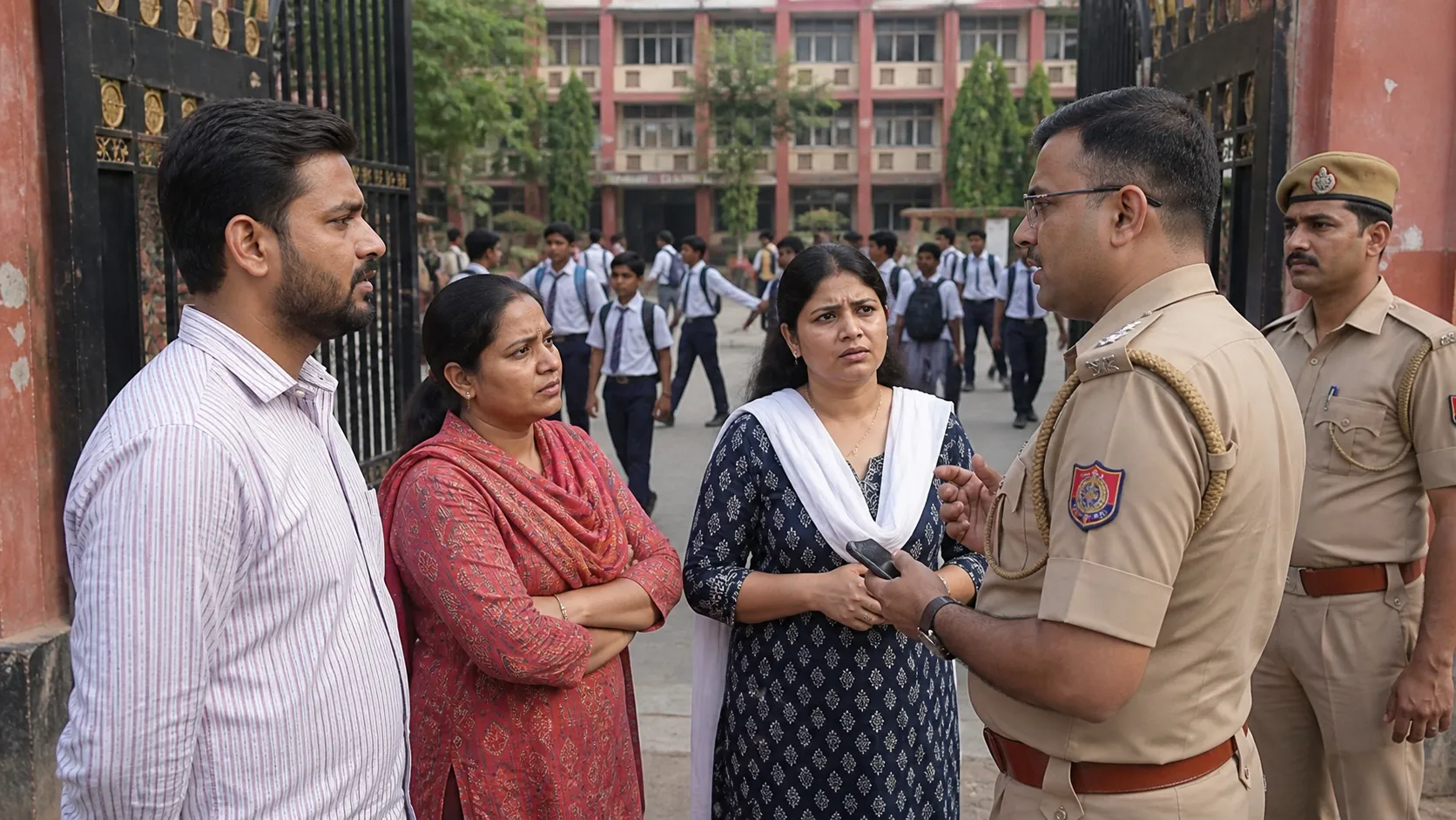 Police speaking with parents near the gate of a senior secondary school in Varanasi