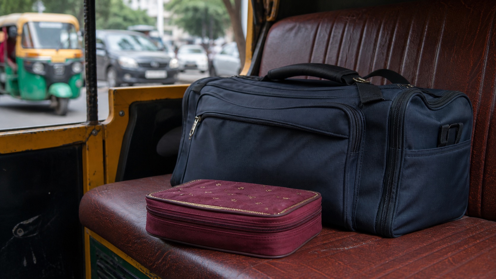 A closed jewellery pouch and travel bag on the seat of an auto-rickshaw