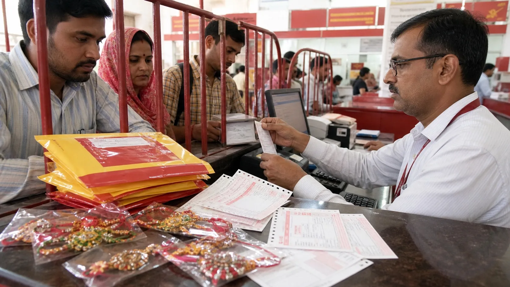 Waterproof Rakhi envelopes arranged at an India Post booking counter in Varanasi