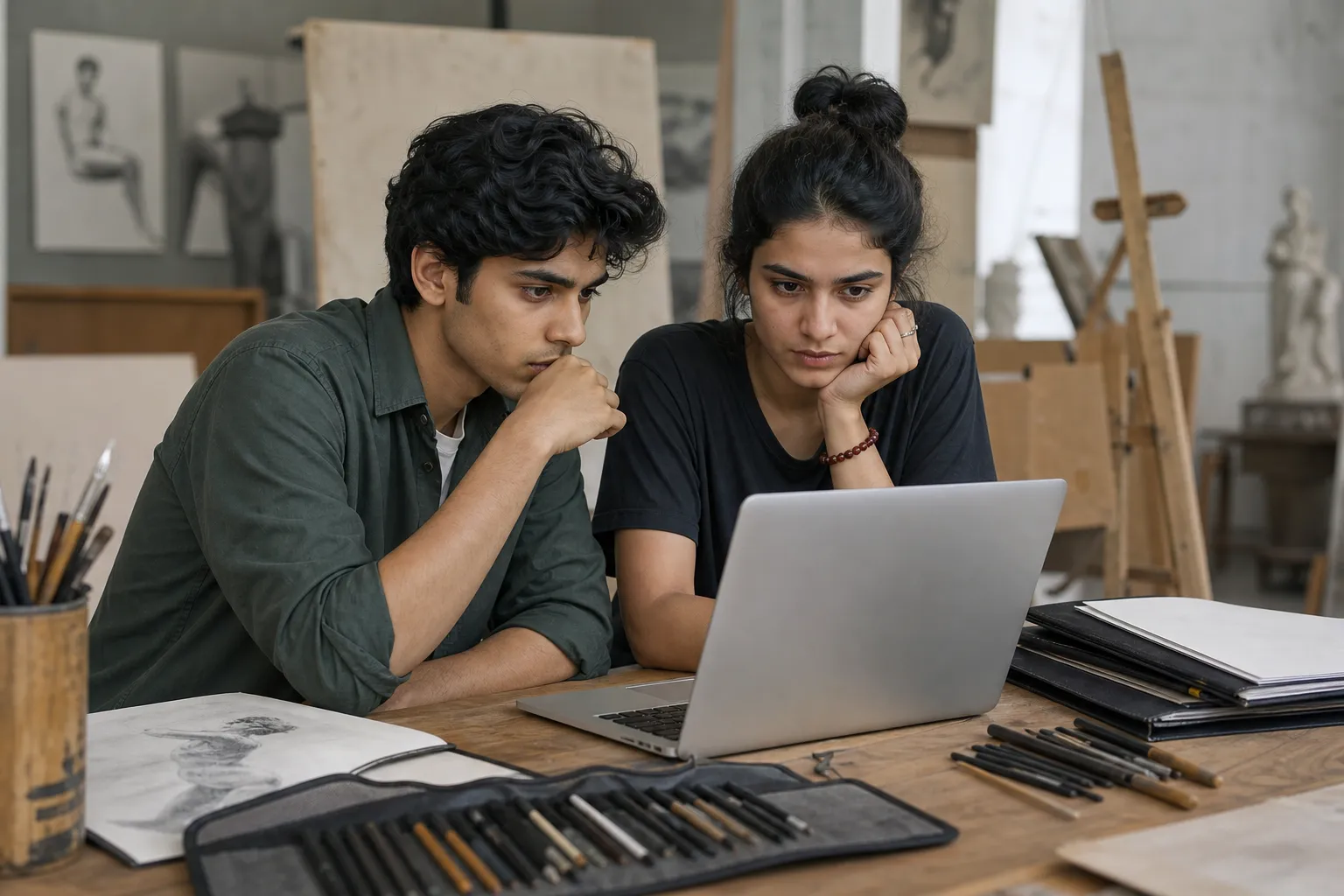 Fine arts applicants checking a merit list beside drawing materials